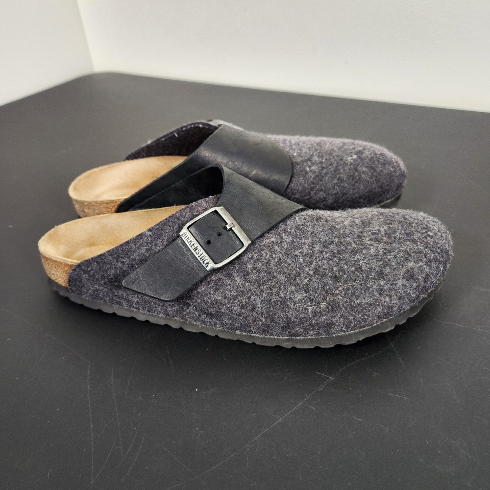 Birkenstock Basel Clogs Mens 43 Grey Wool Felt Black Leather Strap Mules